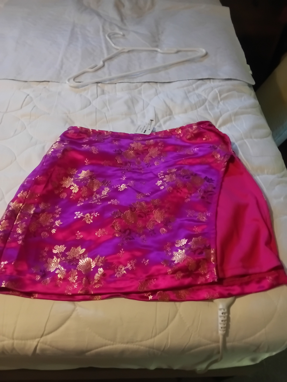 Fashion Nova Fuchsia Pink Satin Mini Skirt with Gold Floral Jacquard